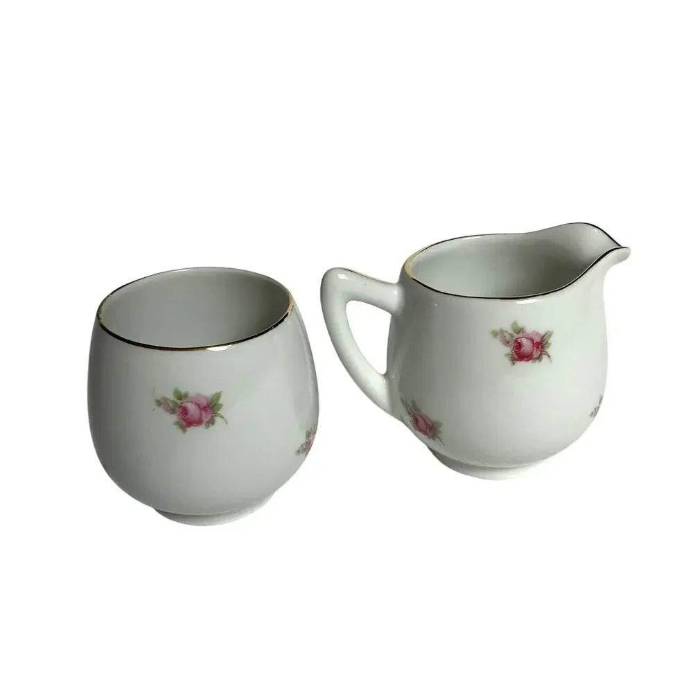 Pink Floral Sugar Creamer Set Gold Rimmed Schumann Arzberg Germany Vintage